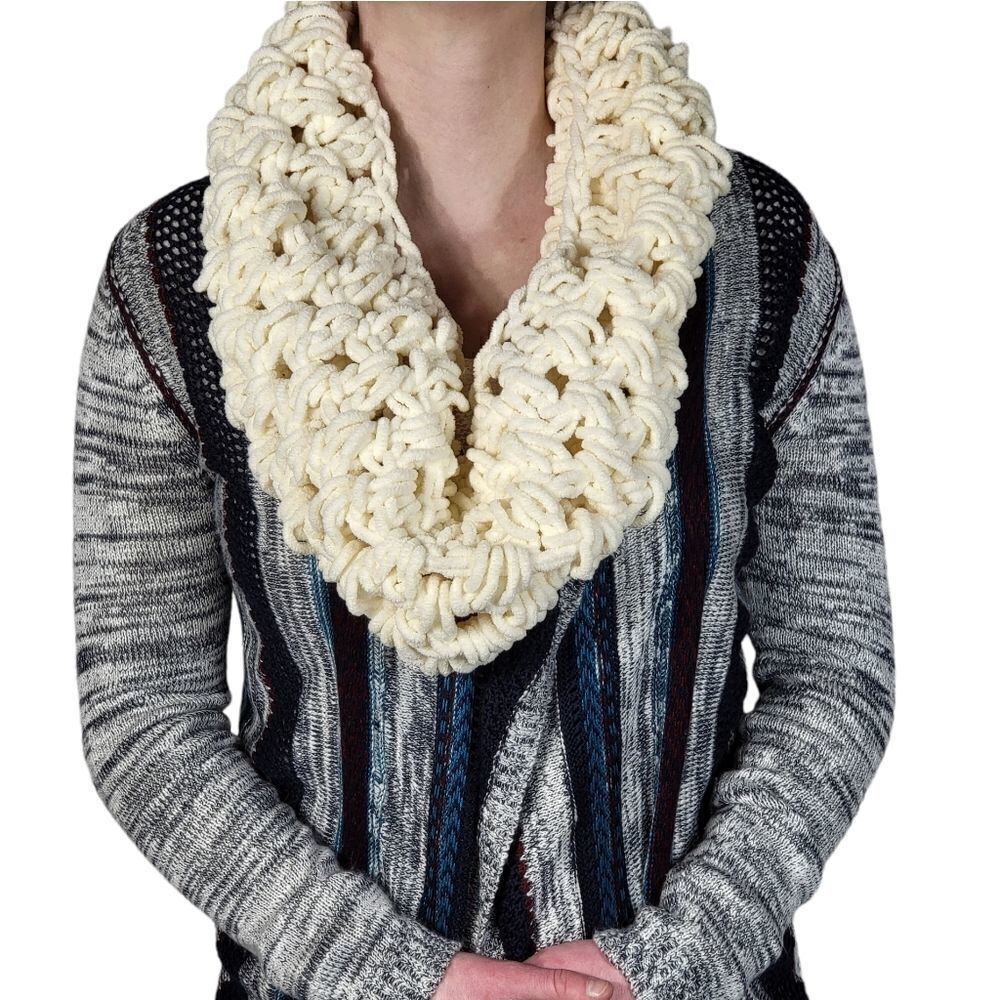 White Chunky Homemade Crocheted Cowl Scarf